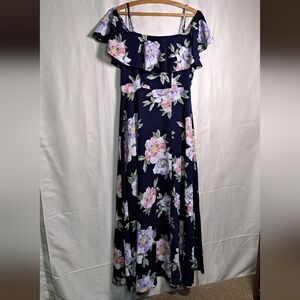 Premier Amour Navy Floral Off-Shoulder Maxi Dress Ruffle Neckline – Size 6